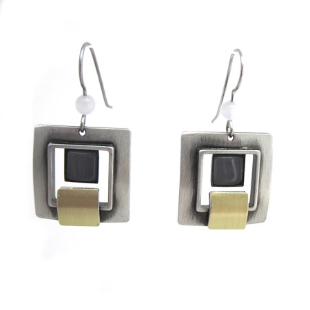 Grey Catsite Square Two-tone Earrings by Christophe Poly - Click Image to Close